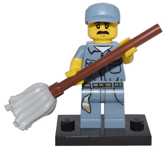 LEGO Collectible Minifigures col15-9 - col15 Janitor, Series 15 (Complete Set with Stand and Accessories) - Authentic LEGO Set Main Image