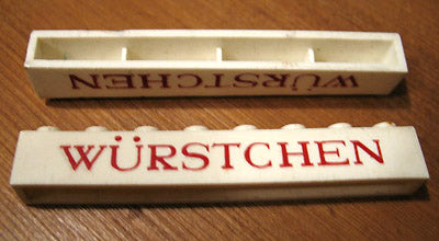 LEGO crssprt01pb16 Brick 1 x 8 without Bottom Tubes with Cross Side Supports with Red 'WÜRSTCHEN' Thin Pattern ('WURSTCHEN') - Main Product Image