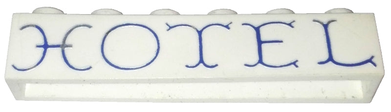 LEGO crssprt02pb23 Brick 1 x 6 without Bottom Tubes with Cross Side Supports with Blue 'HOTEL' Curvy Pattern - Main Product Image