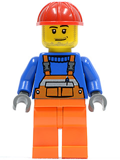LEGO Minifigure cty0079 - Overalls with Safety Stripe Orange, Orange Legs, Red Construction Helmet, Smirk and Stubble Beard - Authentic LEGO Minifigure Main Image