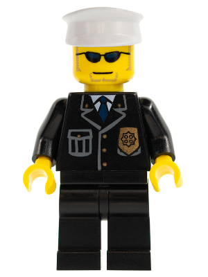 LEGO Minifigure cty0094 - Police - City Suit with Blue Tie and Badge, Black Legs, Sunglasses, White Hat - Authentic LEGO Minifigure Main Image