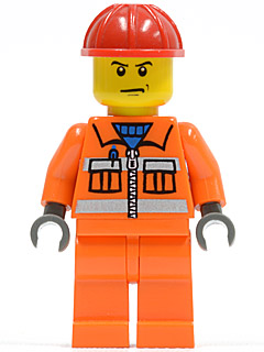 LEGO Minifigure cty0137 - Construction Worker - Orange Zipper, Safety Stripes, Orange Arms, Orange Legs, Red Construction Helmet, Scowl - Authentic LEGO Minifigure Main Image