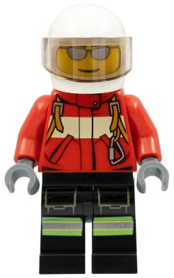 LEGO Minifigure cty0349 - Fire - Pilot Male, Red Fire Suit with Carabiner, Reflective Stripes on Black Legs, White Helmet, Silver Sunglasses - Authentic LEGO Minifigure Main Image