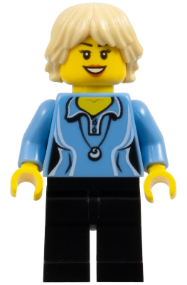 LEGO Minifigure cty0355 - Medium Blue Female Shirt with Two Buttons and Shell Pendant, Black Legs, Tan Tousled and Layered Hair - Authentic LEGO Minifigure Main Image