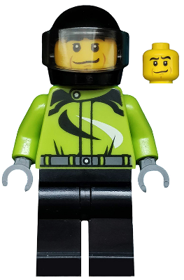 LEGO Minifigure cty0475 - Monster Truck Driver, Racing Suit with Black and White Swirls, Black Helmet with Trans-Brown Visor, Crooked Smile - Authentic LEGO Minifigure Main Image
