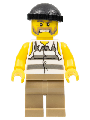 LEGO Minifigure cty0479 - Police - Jail Prisoner Shirt with Prison Stripes and Torn out Sleeves, Dark Tan Legs, Black Knit Cap - Authentic LEGO Minifigure Main Image