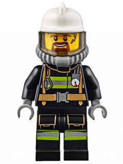 LEGO Minifigure cty0626 - Fire - Reflective Stripes with Utility Belt, White Fire Helmet, Breathing Neck Gear with Air Tanks, Trans-Brown Visor, Goatee - Authentic LEGO Minifigure Main Image