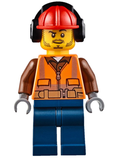 LEGO Minifigure cty0653 - Fire - Male, Orange Safety Vest, Reflective Stripes, Reddish Brown Shirt, Dark Blue Legs, Red Construction Helmet with Black Ear Protectors / Headphones, Stubble - Authentic LEGO Minifigure Main Image