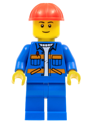 LEGO Minifigure cty0889 - Blue Jacket with Diagonal Lower Pockets and Orange Stripes, Blue Legs, Red Construction Helmet - Authentic LEGO Minifigure Main Image