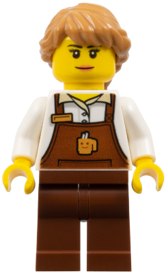 LEGO Minifigure cty1049 - Barista - Female, Reddish Brown Apron with Cup and Name Tag, Reddish Brown Legs, Medium Nougat Hair - Authentic LEGO Minifigure Main Image