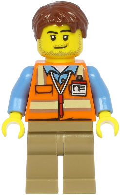 LEGO Minifigure cty1187 - Air Traffic Controller - Male, Reddish Brown Hair, Orange Safety Vest, Dark Tan Legs - Authentic LEGO Minifigure Main Image