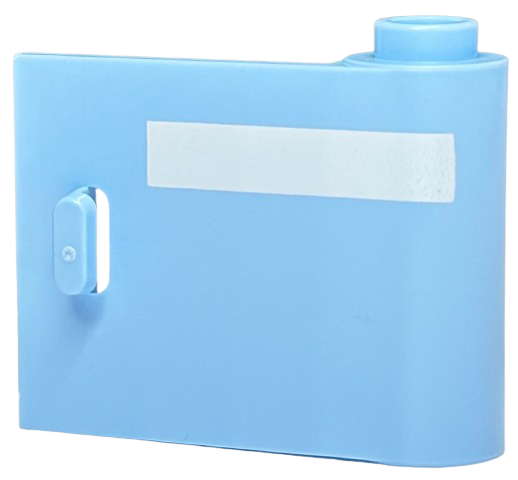 Light blue door 1x3x2 right, open between top and bottom hinge, with a horizontal white stripe.