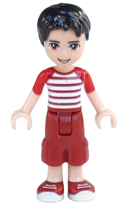 LEGO Friends Nate minifigure with black hair, red and white striped shirt, dark red cropped trousers, and red shoes.