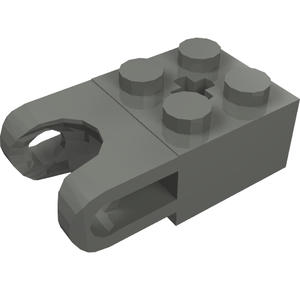 A gray LEGO Technic Brick Modified 2x2 with ball socket, axle hole, straight forks, round ends, open sides.