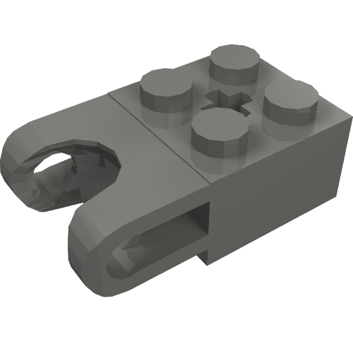 A gray LEGO Technic Brick Modified 2x2 with ball socket, axle hole, straight forks, round ends, open sides.