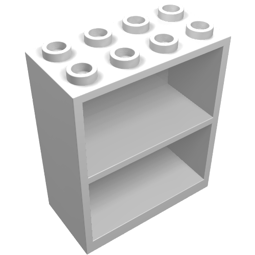 White LEGO Homemaker Bookcase 2x4x4 brick with 8 studs on top and two shelves, viewed from an angle.