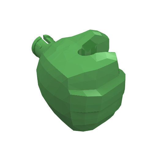 A low-polygon, green LEGO giant right hand part, seen from an angle, with a connection point on the left side.