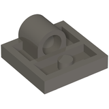 Dark grey LEGO 2x2 modified plate with a large cylindrical pin hole and a smaller stud, integrated cross support.