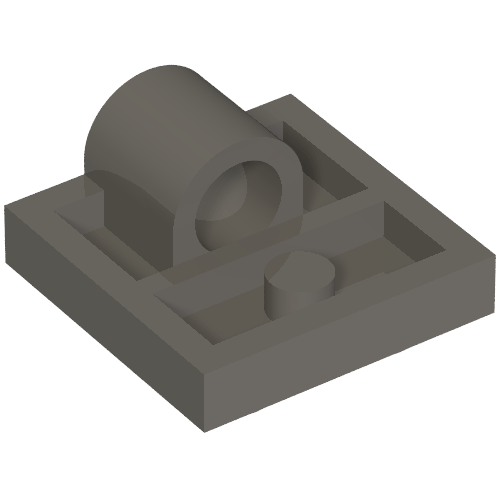 Dark grey LEGO 2x2 modified plate with a large cylindrical pin hole and a smaller stud, integrated cross support.