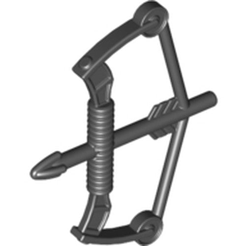 Dark grey LEGO compound bow with an arrow drawn for a minifigure.