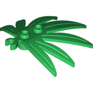 A green LEGO Plant Leaves 6 x 5 Swordleaf with Open O Clip Thick part, featuring multiple leaf segments and two connection studs.