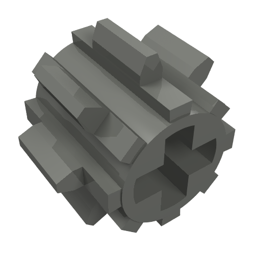 Dark gray LEGO Technic 8-tooth gear with a cross axle hole, viewed from an angle.
