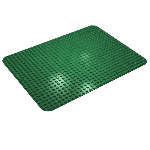 Green LEGO 24x32 baseplate with studs and rounded corners.