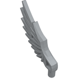 Grey LEGO minifigure feathered wing part 11100 with a stud connector, angled view.