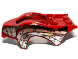 Red LEGO 11111pb01 Flywheel Fairing with bird raptor shape and silver armor plating pattern on a white background.