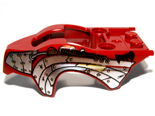 Red LEGO 11111pb01 Flywheel Fairing with bird raptor shape and silver armor plating pattern on a white background.