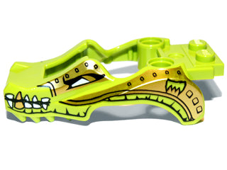 Lime green LEGO part 11112pb01, a crocodile-shaped flywheel fairing with gold, white, and black crocodile pattern.