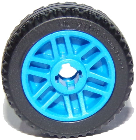 LEGO 11208c01 wheel, 14mm D. x 9.9mm, with blue 6-double-spoke hub, center groove, fake bolts, and black tire.