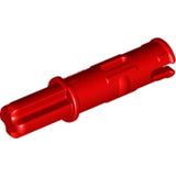 Red LEGO Technic Axle 1L with Pin 2L and Friction Ridges (Part 11214) on a white background.