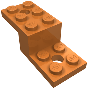 Orange LEGO Bracket 5 x 2 x 1 1/3 (part 11215) with 2 holes and bottom tube, viewed at an angle.