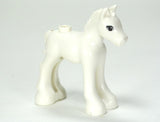 A white LEGO Friends style baby foal toy with reddish brown eyes and black triple eyelashes.