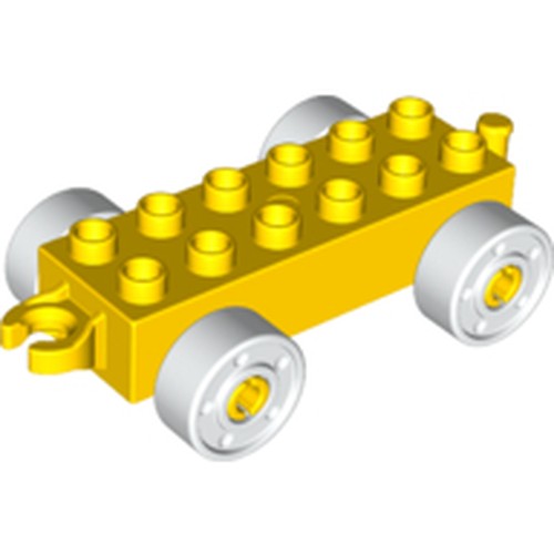 Yellow LEGO Duplo 2x6 car base with 10 studs, an open hitch end, and four white wheels with fake bolts.