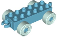 A light aqua Duplo 2x6 car base with an open hitch end and four light aqua wheels featuring fake bolts.