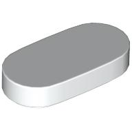 A single, smooth, white LEGO 1x2 oval tile with rounded edges.