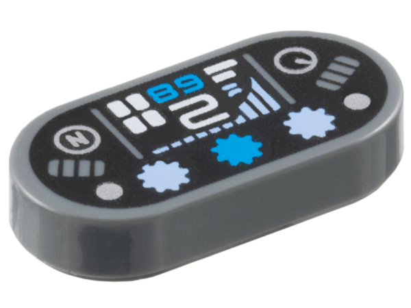 Dark gray oval LEGO tile with black dashboard pattern. Features dark azure '89'/'68', white '2', silver 'N', bright light blue bar graph and lights.