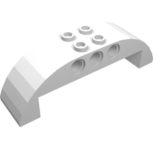 A white LEGO curved slope 8 x 2 x 2 double brick, with four studs on top and three axle holes on the front side.