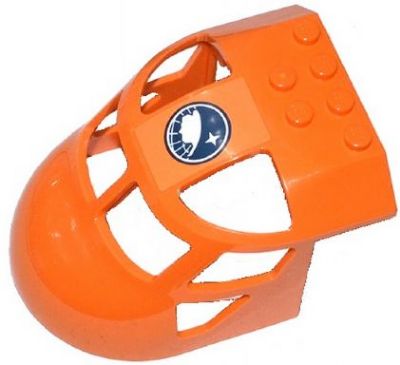 Orange LEGO aircraft fuselage top, curved, with an Arctic Explorer logo sticker, cutouts, and studs on top.