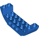 A blue LEGO Slope, Curved 8 x 2 x 2 Inverted Double brick, featuring studs on the top and holes on the side.