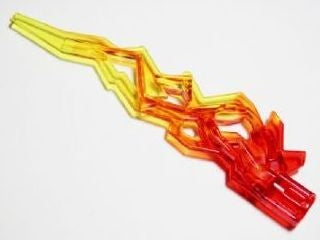 Translucent yellow and red marbled LEGO Hero Factory flame/lightning bolt weapon accessory with an axle hole.