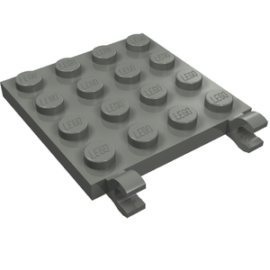Gray LEGO 11399 modified 4x4 plate with 16 studs and two horizontal open O clips on one side.
