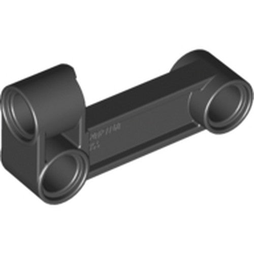 A black LEGO Technic Pin Connector Perpendicular 2 x 4 Bent, featuring pin holes at both ends.