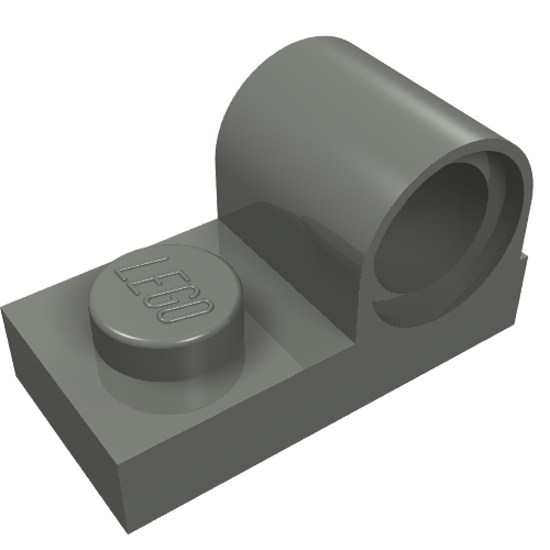 A single grey LEGO 11458 modified plate, 1x2, with a pin hole on top.