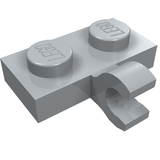 Light grey LEGO 1x2 plate with two studs and a horizontal clip on the side.