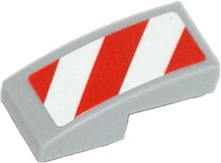 LEGO part 11477pb004R, light gray curved slope 2x1x2/3 with red and white diagonal danger stripes pattern.