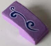 Purple LEGO curved slope 2 x 1 x 2/3 with dark purple scrollwork and white outline pattern, textured surface.