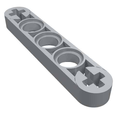 A light gray LEGO Technic Thin Liftarm 1 x 5, featuring five axle holes along its length, angled view.